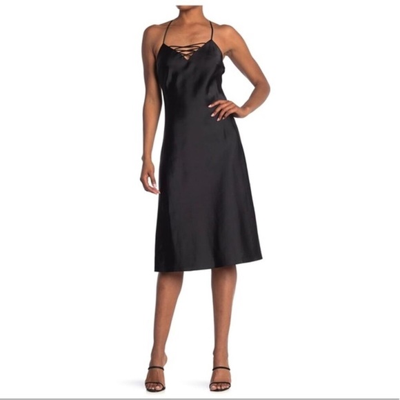 Good American Dress Satin Chemise Midi with Lace-Up Detail Chic Black Large - Picture 5 of 13